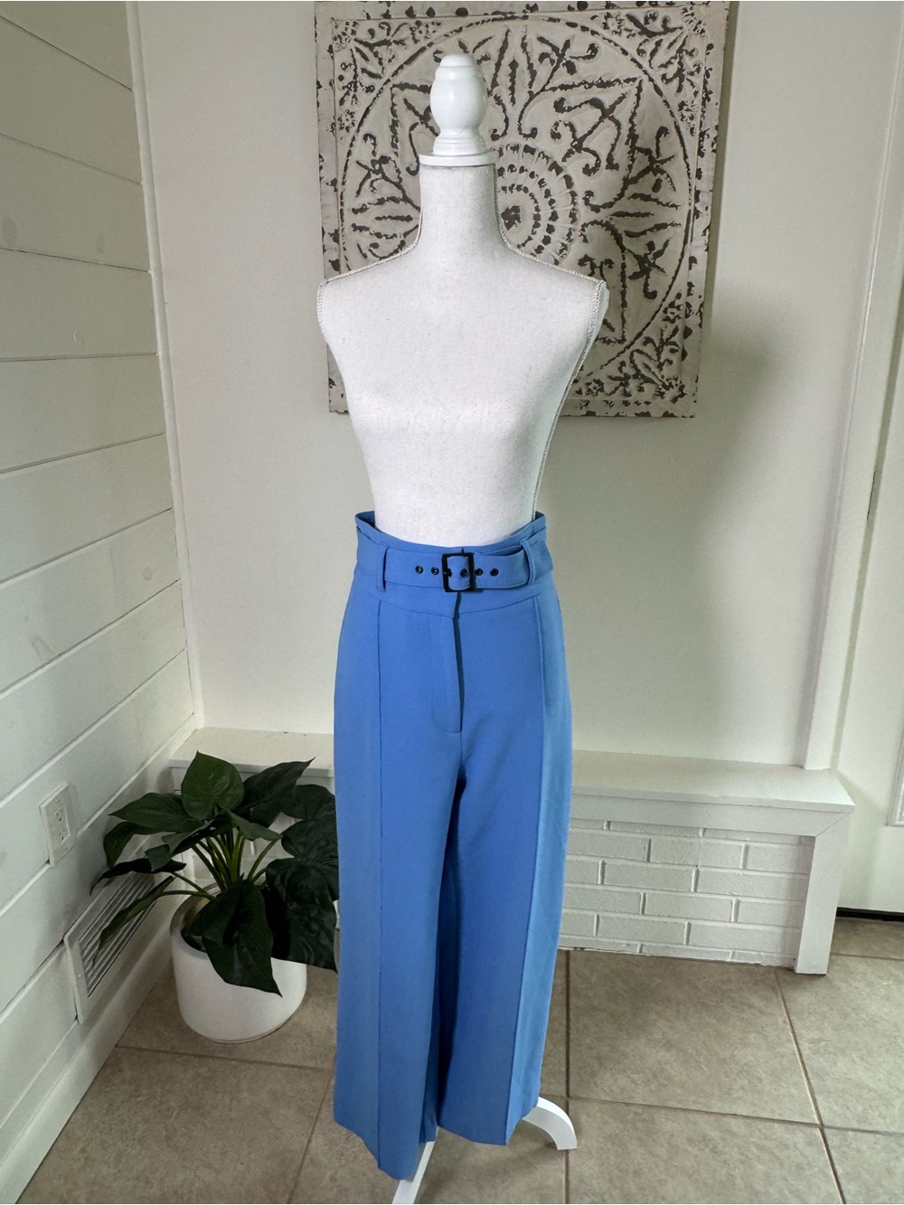 Veronica Beard Lyla Cropped Ankle Pants Blue Belted Wide Leg Trouser Sz 8